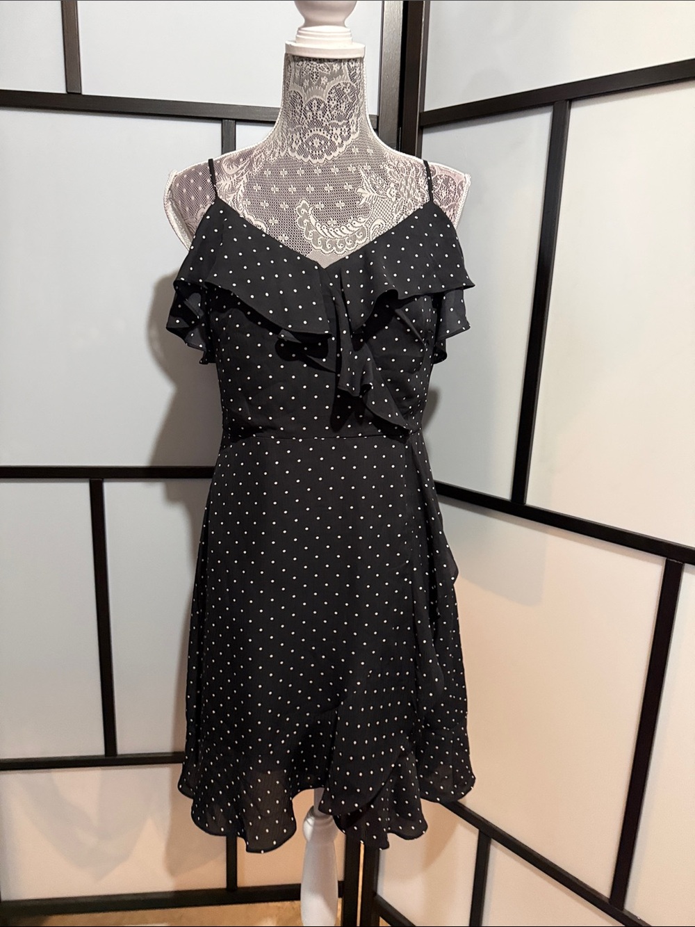 Banana Republic Black Mini Dress with White Polka Dots and Ruffle Trim